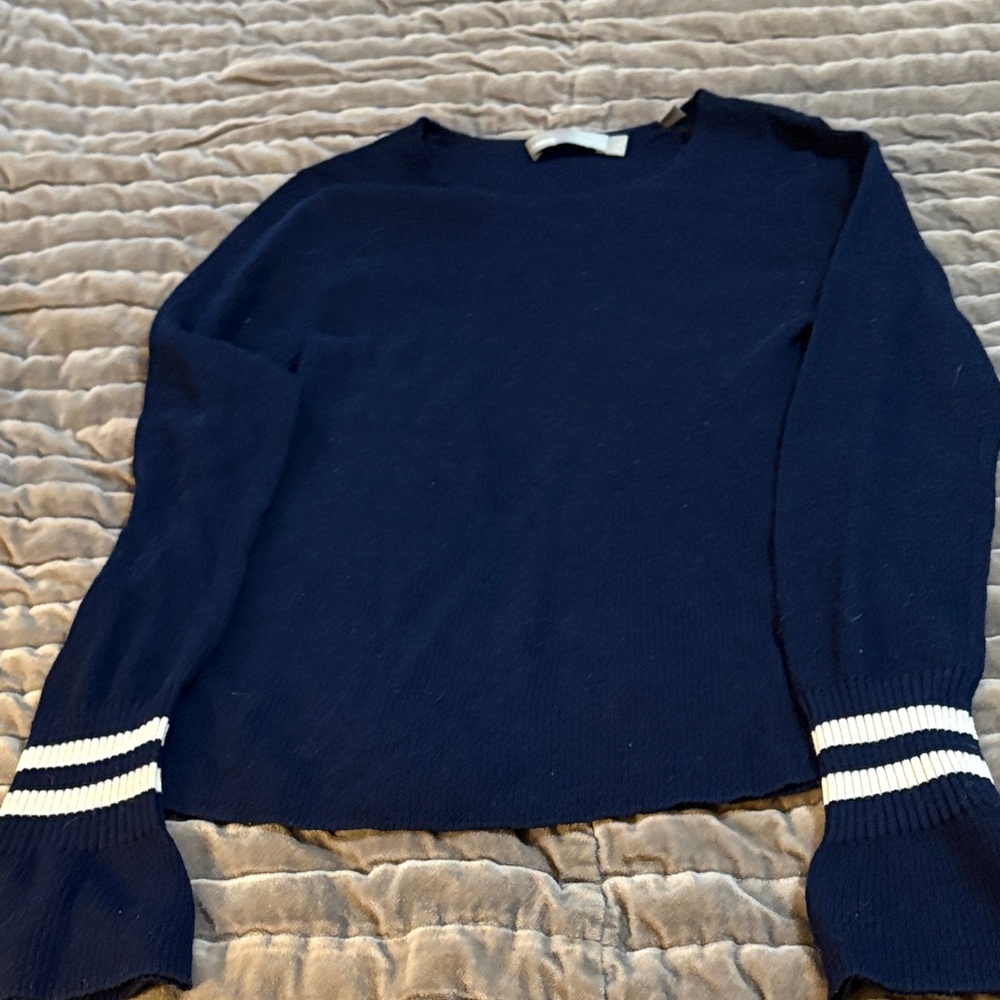 Vince Navy Crewneck Sweater with White Stripe Cuffs